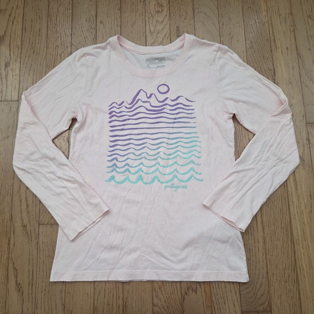 Patagonia Shirt Girls Medium 10 Pink Organic Cotton Long Sleeve Graphic
